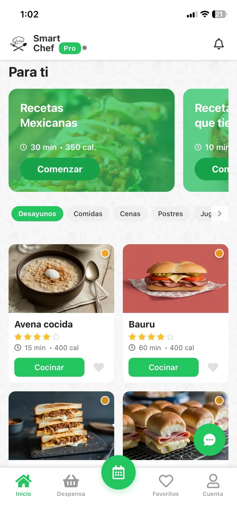 Pantalla: Elige qué cocinar